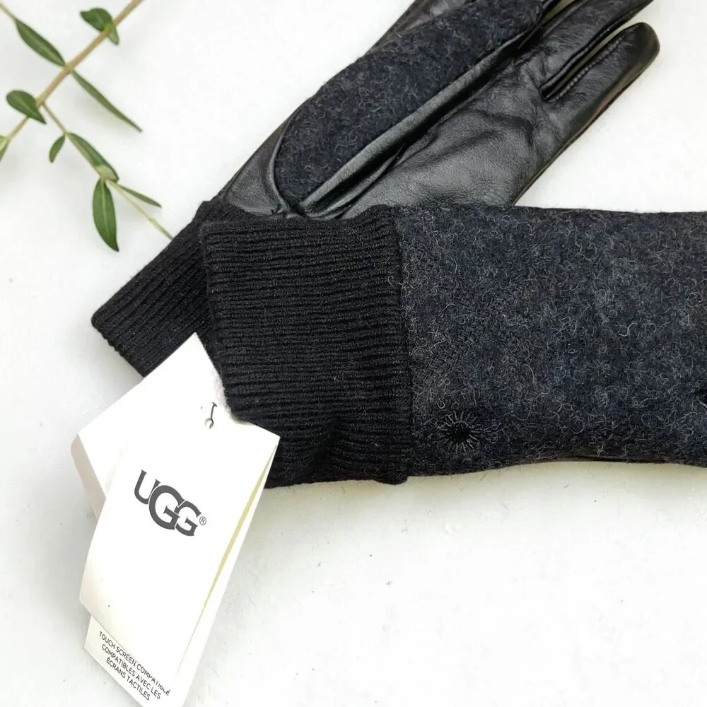 UGG Wool & Leather Palm Touchscreen Tech Gloves with Fur Lining - S/M